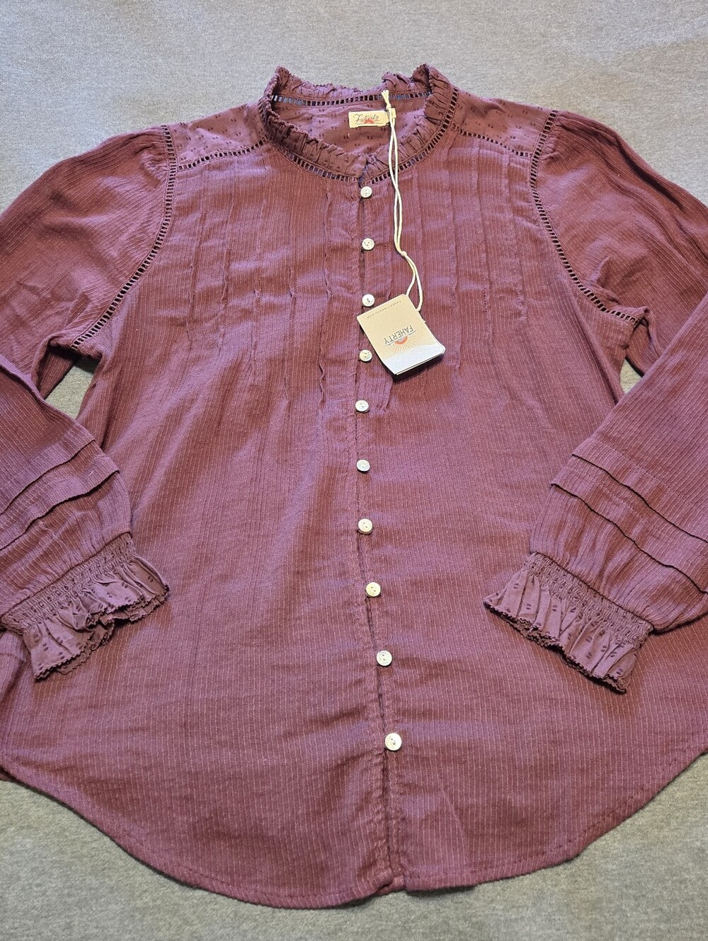 NWT FAHERTY Willa Long Sleeve Organic Cotton Ruffled Blouse Size M Burgundy Boho